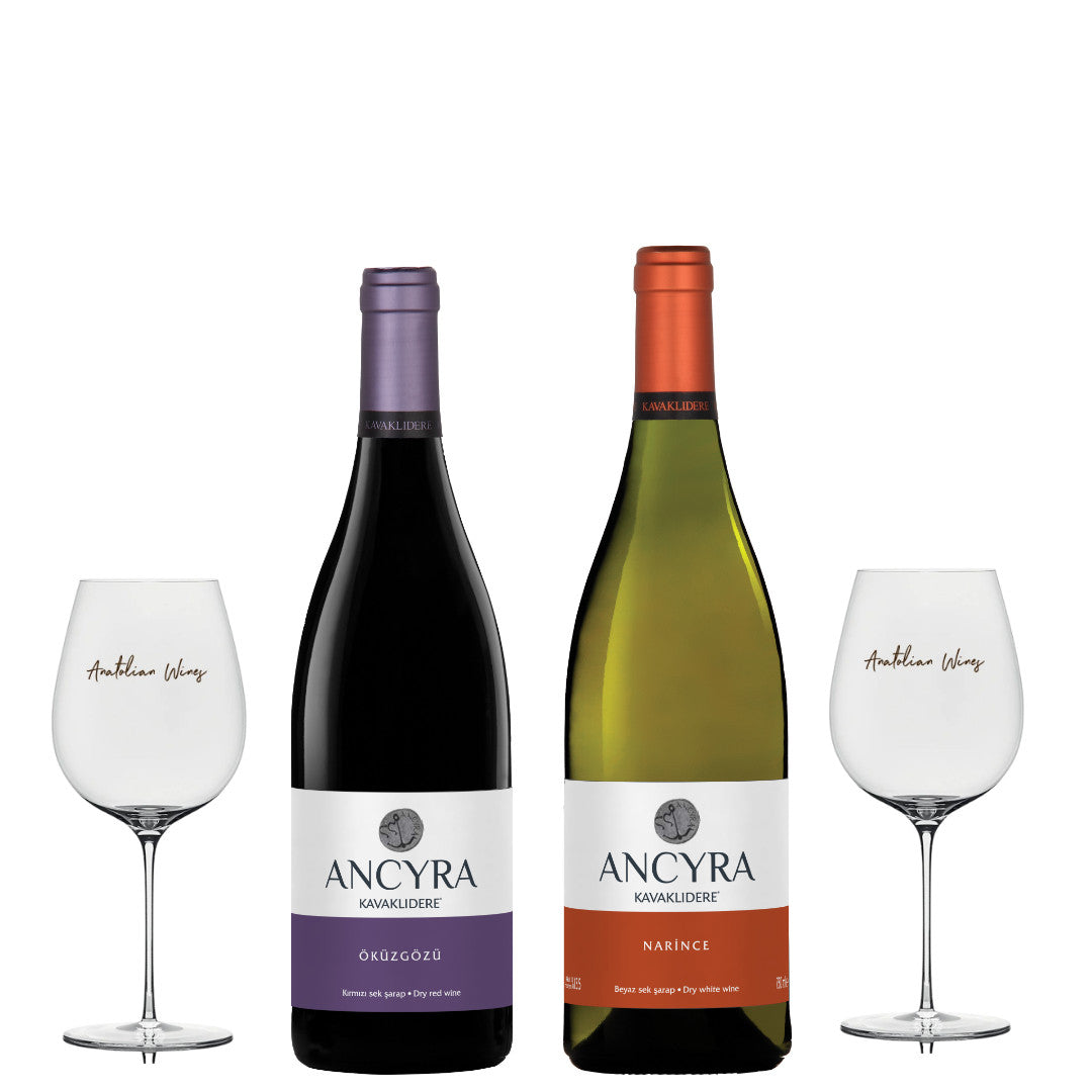 Ancyra Probierpaket mit Öküzgözü Rotwein und Narince Weißwein inklusive zwei Gratis-Gläsern von Kavaklıdere.
