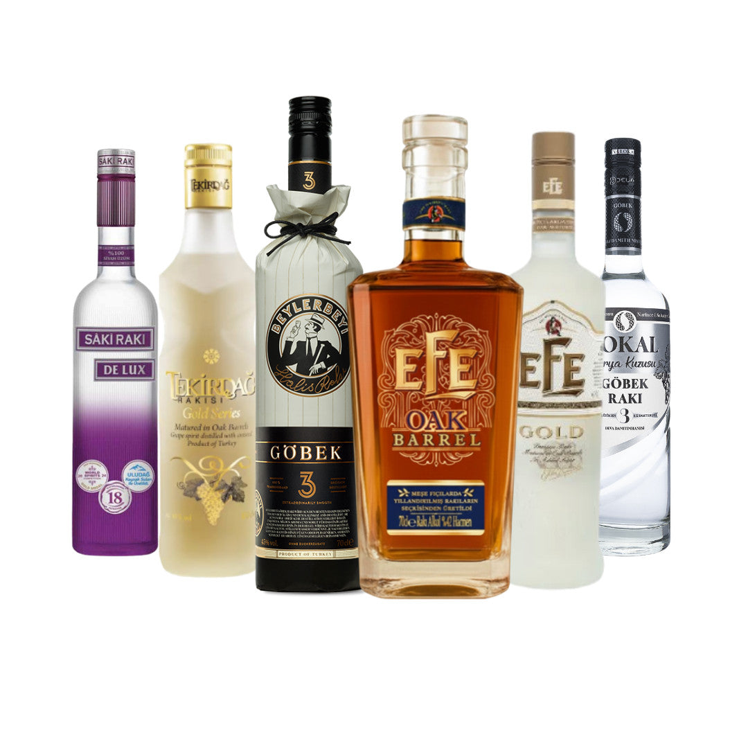 Best-of-Raki-Sparpaket mit 6 ausgewählten Premium Raki Sorten - Exklusives Probierpaket mit Beylerbeyi Göbek, Efe Gold, Saki Raki und mehr, ideal zum Entdecken türkischer Spirituosen.