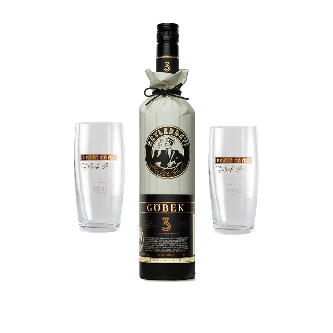 Beylerbeyi Göbek Raki 70 cl Sparaktion - Inklusive 2 originalen Beylerbeyi Gläsern, Premium Raki ohne Zuckerzusatz, 3-fach destilliert, exklusives Set-Angebot.