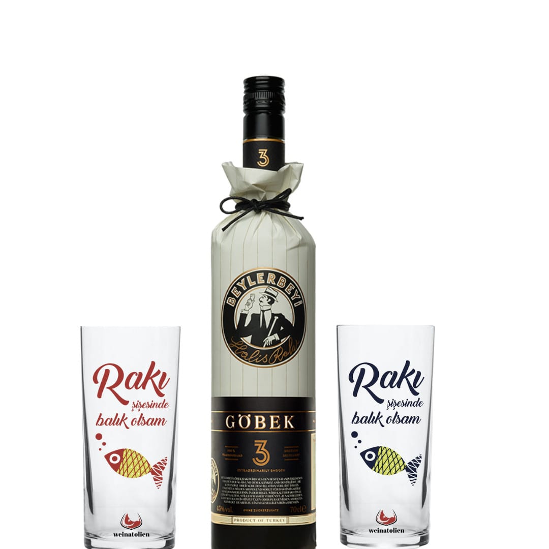 Beylerbeyi Göbek Rakısı 70 cl und 2 passende Gläser im Sparaktion Set - Premium Raki ohne Zuckerzusatz, 3-fach destilliert, exklusives Kombi-Angebot zum Vorteilspreis.