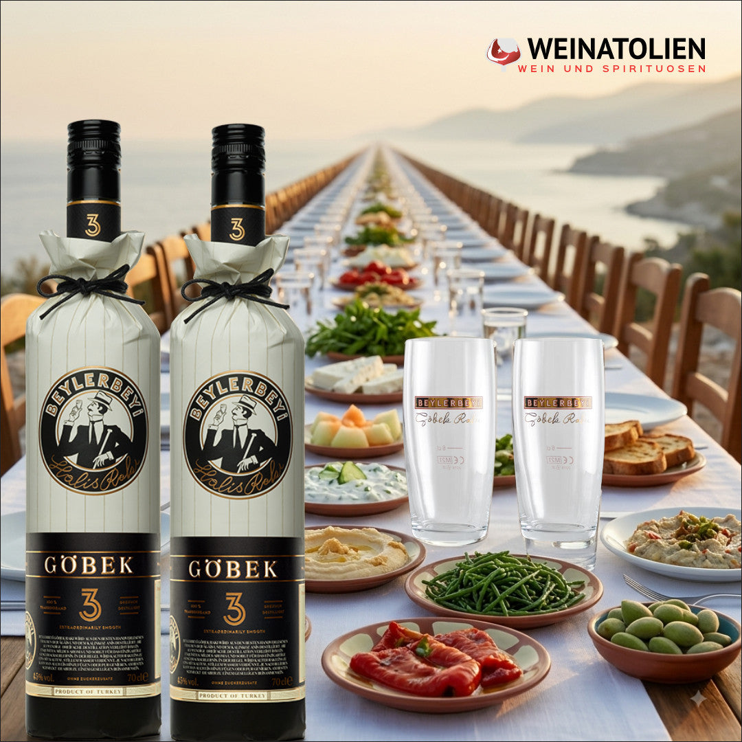Beylerbeyi Göbek Rakı 2er Set mit 2 Gläsern an einer gedeckten Rakı-Tafel