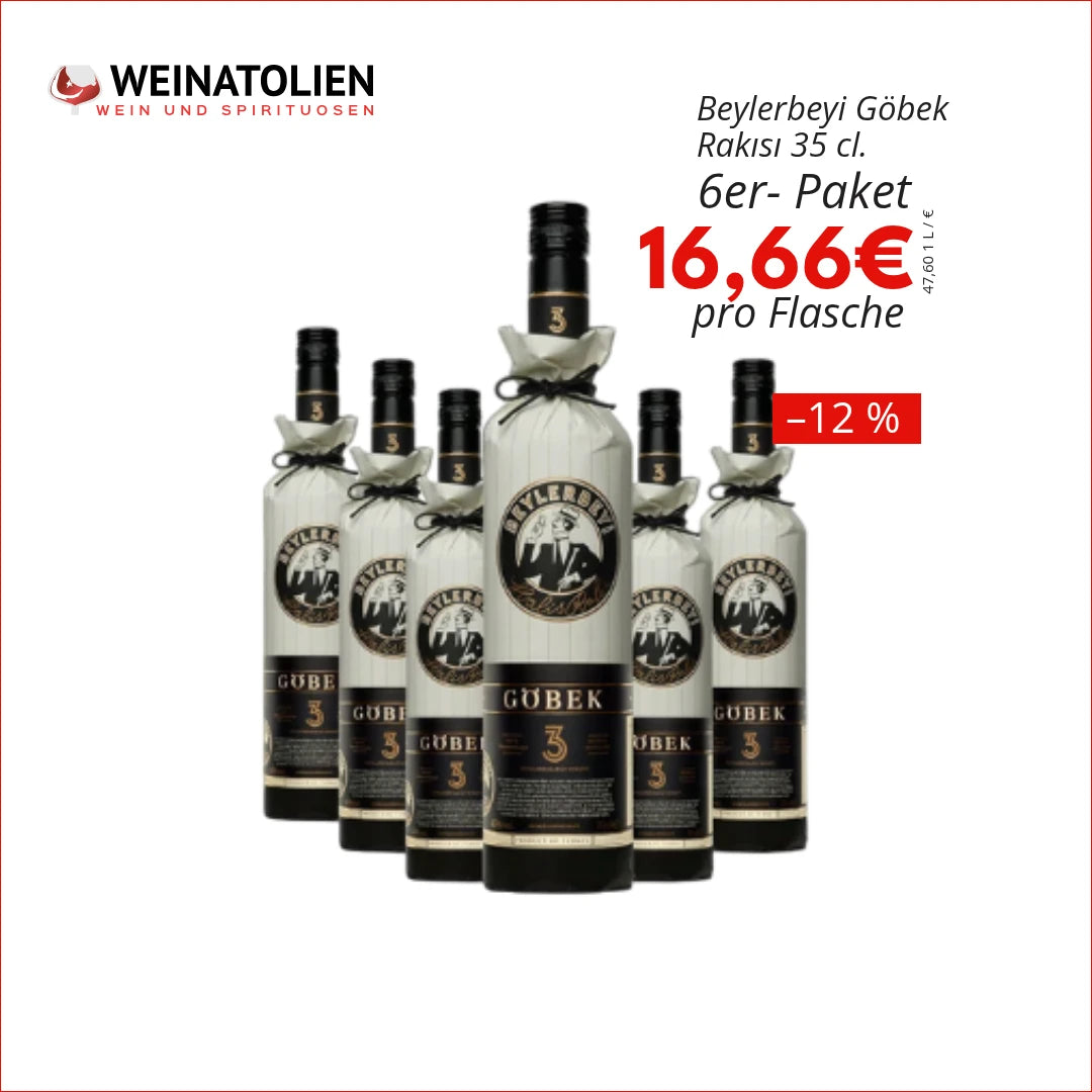 Beylerbeyi Göbek Rakı 35 cl – 6er Sparpaket mit 6 Flaschen, 16,66 € pro Flasche
 Kopyala
