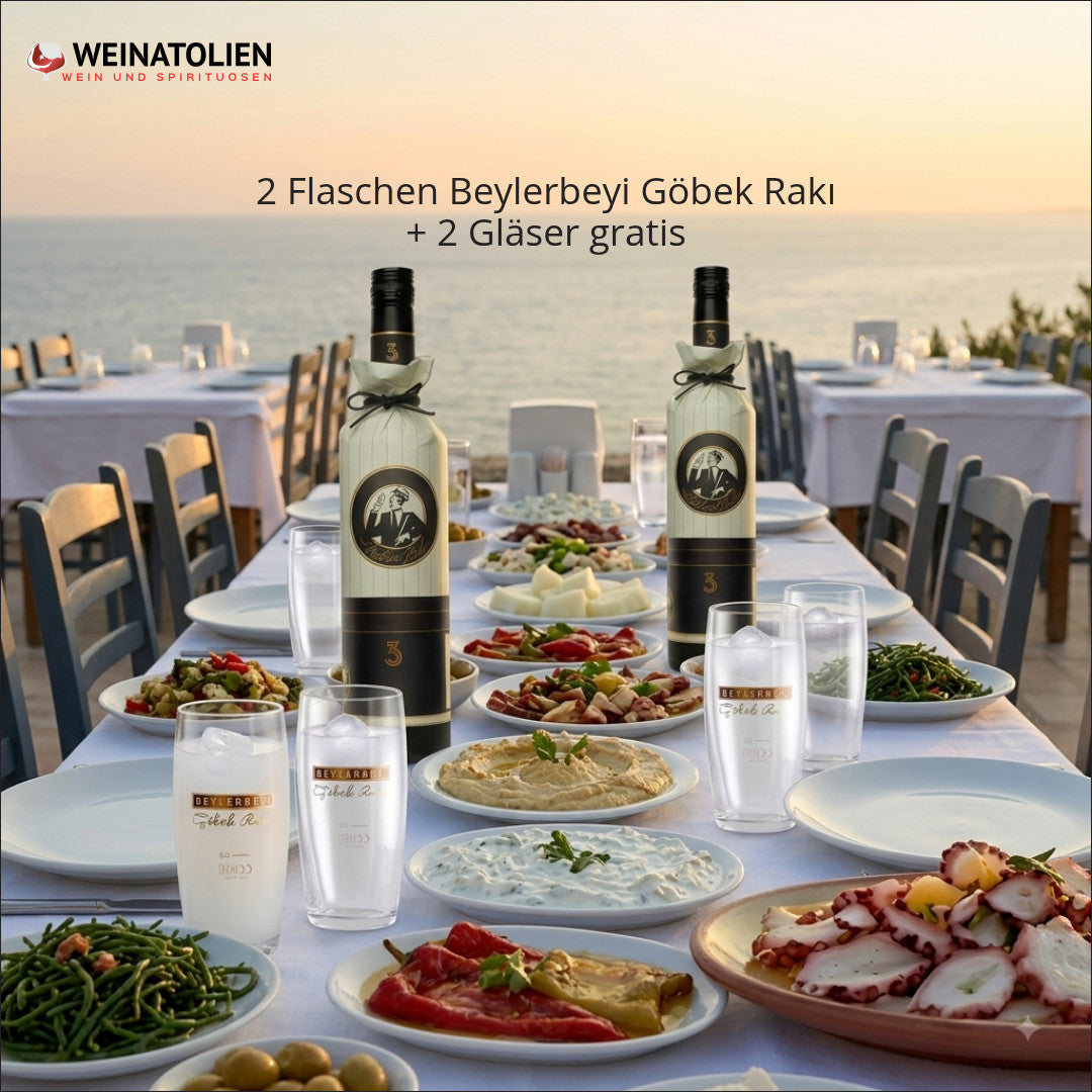Beylerbeyi Göbek Rakı an einer gedeckten Rakı-Tafel mit Meze