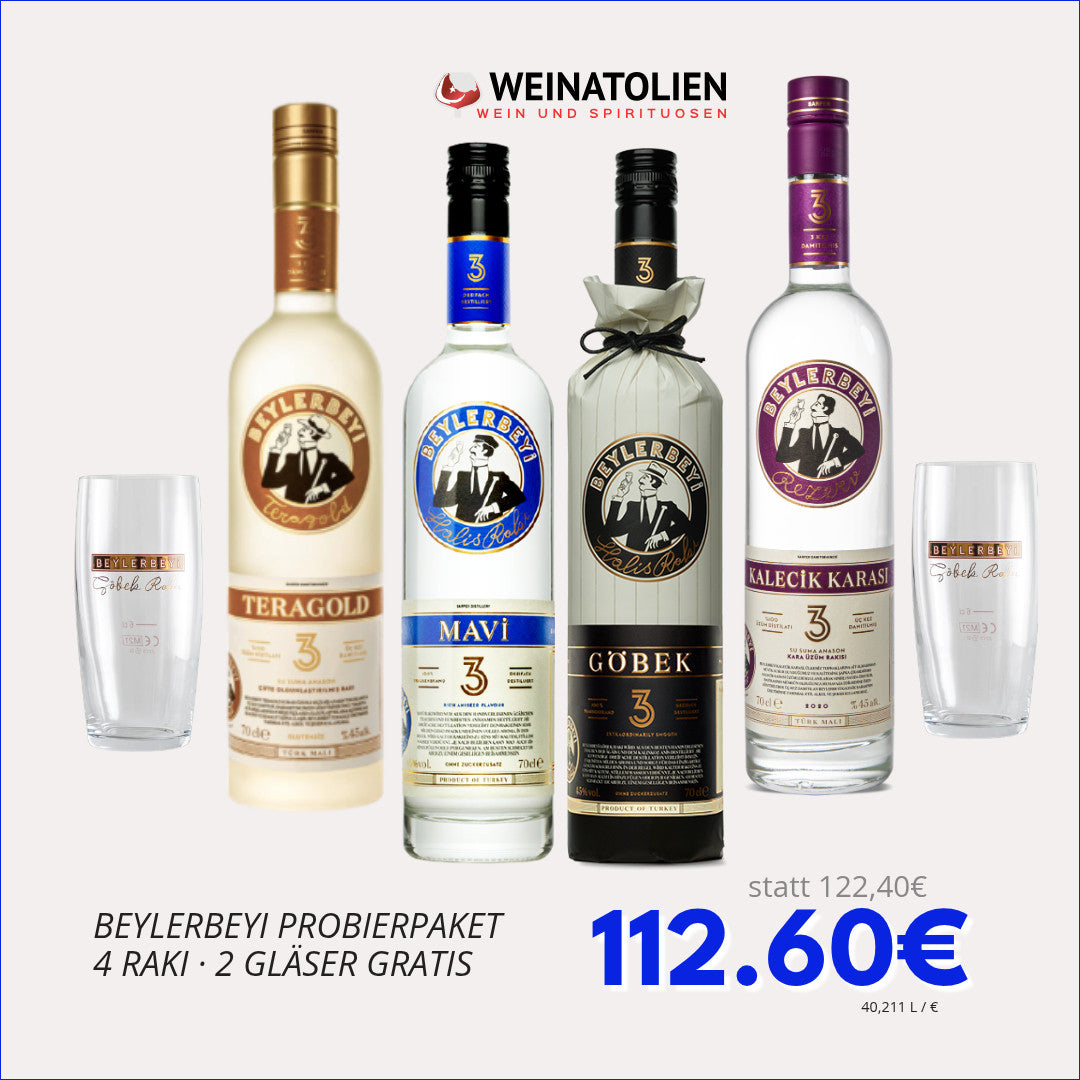 Beylerbeyi Probierpaket mit 4 Rakı und 2 Gläsern gratis