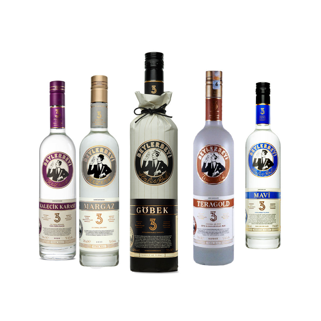 Beylerbeyi Raki Probierpaket - Entdecken Sie die Vielfalt von Beylerbeyi mit diesem exklusiven Set aus verschiedenen Raki-Sorten, 3-fach destilliert, ohne Zuckerzusatz.