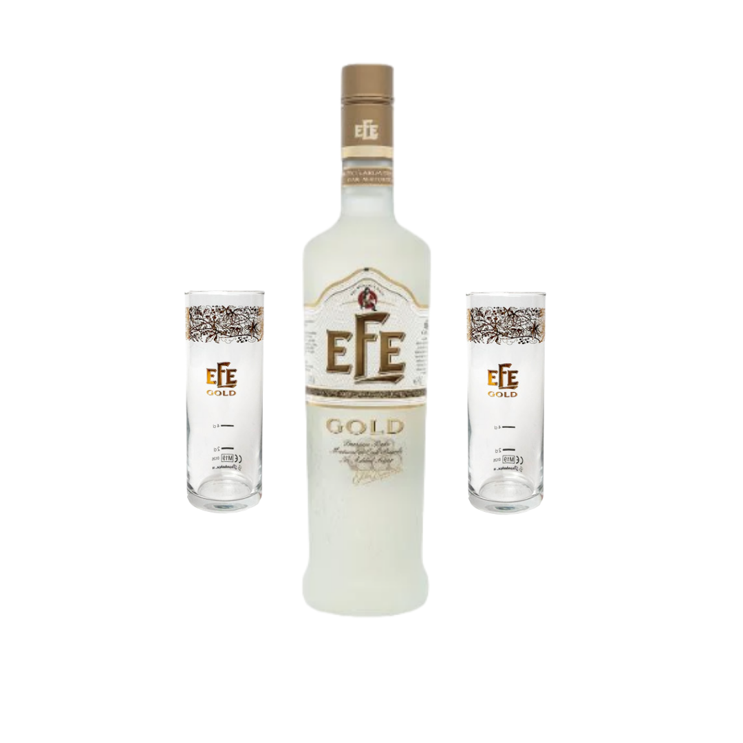 Efe Gold Rakı 0,7l Set - Eine Flasche fassgereifter Premium Raki inklusive zwei passenden Raki-Gläsern zum attraktiven Set-Preis.