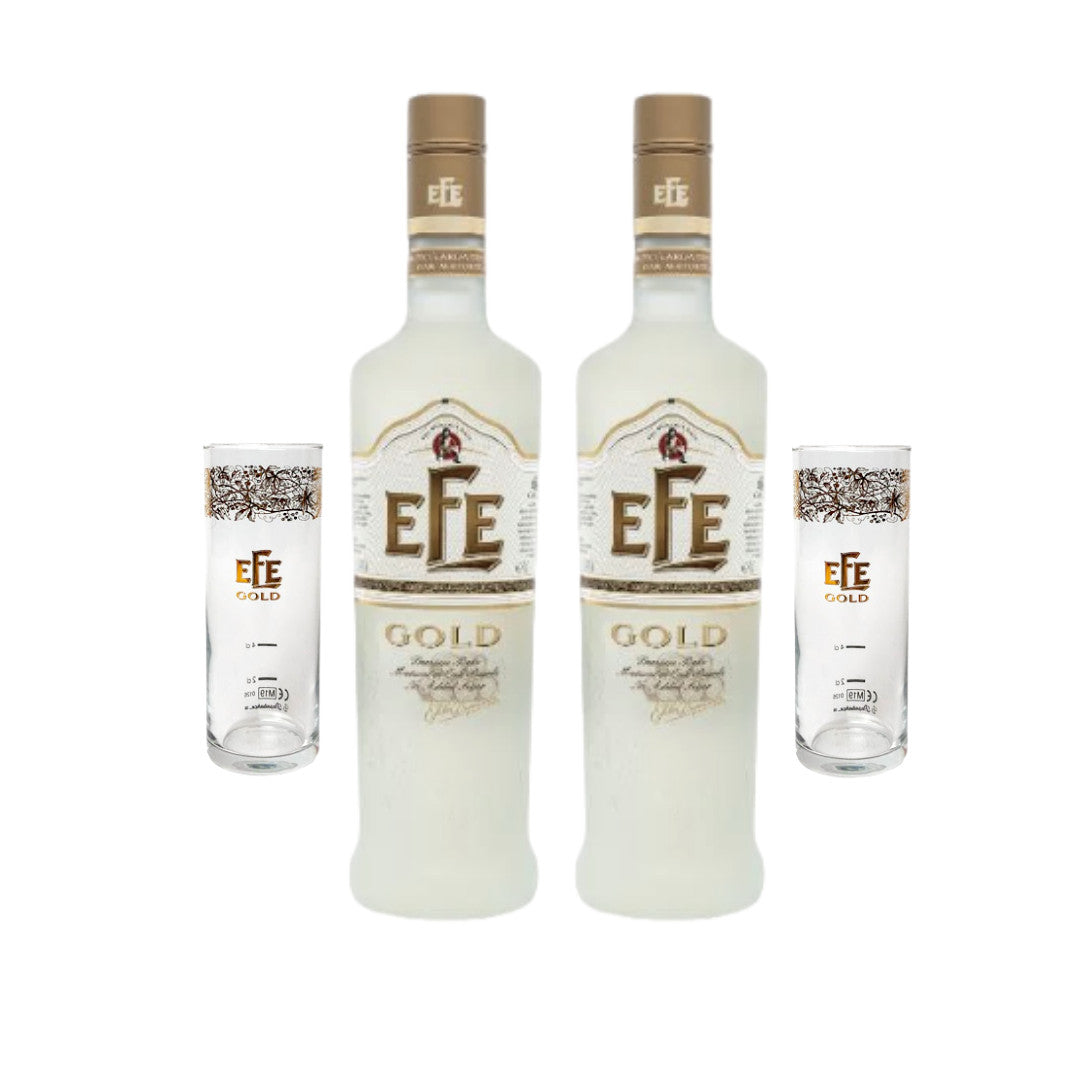 Efe Gold Rakı 2er Set - Zwei Flaschen Premium Raki (0,7l) inklusive zwei originalen Efe Gold Gläsern gratis dazu, fassgereifter Genuss ohne Zuckerzusatz.