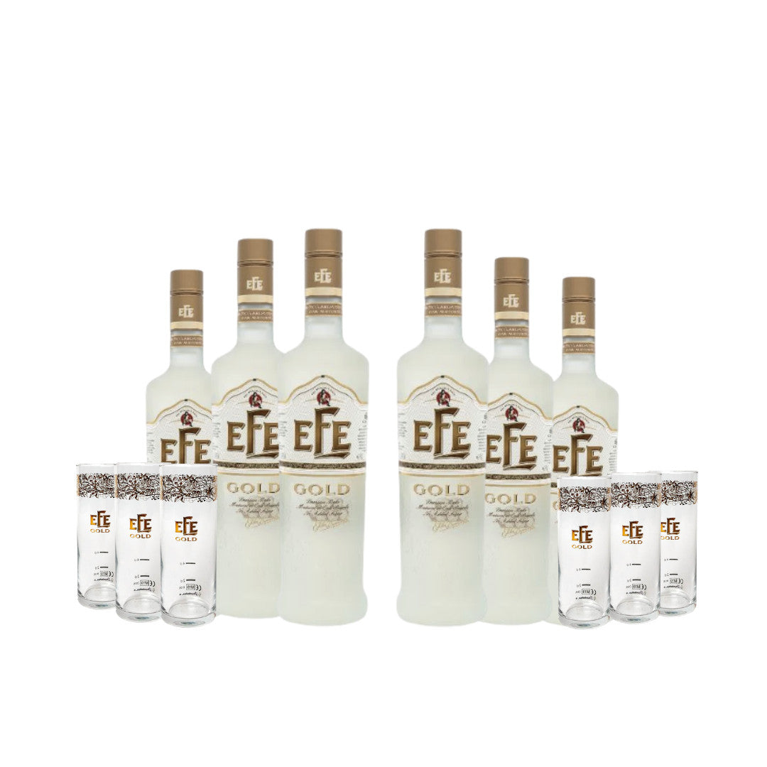 Efe Gold Rakı Vorratspack - 6 Flaschen (0,7l) und 6 passende Raki-Gläser zum exklusiven Set-Preis, fassgereifter Raki ohne Zuckerzusatz.
