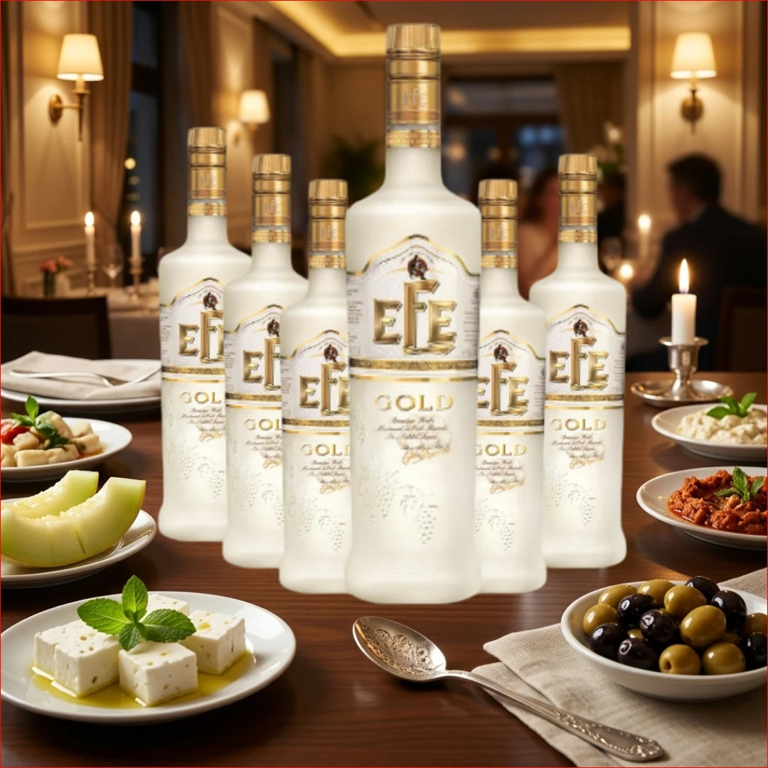 Efe Gold Rakı 6er-Sparpaket auf gedeckter Rakı-Tafel