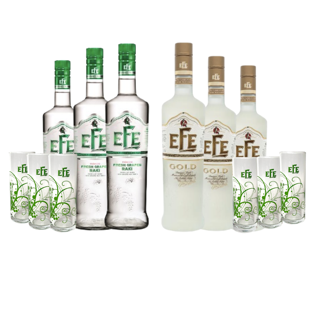 Efe Raki Mischpaket - 3x Efe Gold und 3x Yeşil Efe (0,7l) inklusive 6 originalen Efe Gläsern zum Sparpreis.