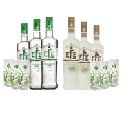Efe Raki Mischpaket - 3x Efe Gold und 3x Yeşil Efe (0,7l) inklusive 6 originalen Efe Gläsern zum Sparpreis.