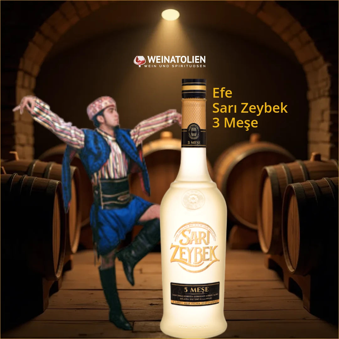 Efe Sarı Zeybek 3 Meşe Rakı mit traditionellem Zeybek-Tänzer und Eichenfässern
