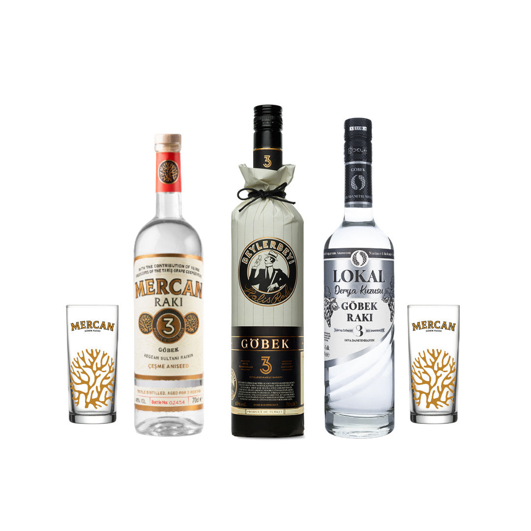 Göbek Rakısı Sparpaket mit 4 verschiedenen Premium Sorten - Exklusives Set mit Beylerbeyi Göbek, Mercan Göbek ve Saki Göbek, ideal für Kenner, 100% aus frischen Trauben ve ohne Zuckerzusatz.