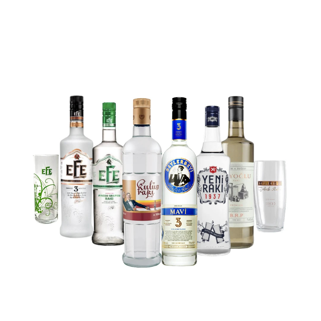 Klassisches Rakı Probierpaket mit 6 türkischen Rakıs und 2 Gläsern