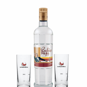 Kulüp Rakı Gläser Set – Die legendäre Flasche mit zwei exklusiven Rakı-Gläsern, die das Weinatolien-Logo tragen.