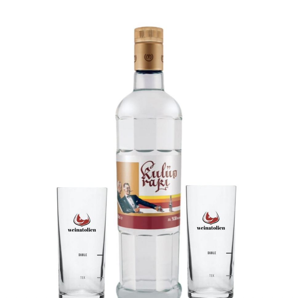 Kulüp Rakı Gläser Set – Die legendäre Flasche mit zwei exklusiven Rakı-Gläsern, die das Weinatolien-Logo tragen.