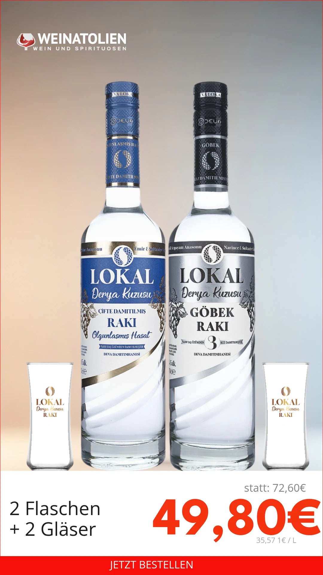 Lokal Raki Kennenlern-Set - 2 Flaschen Raki inkl. 2 gratis Gläsern
