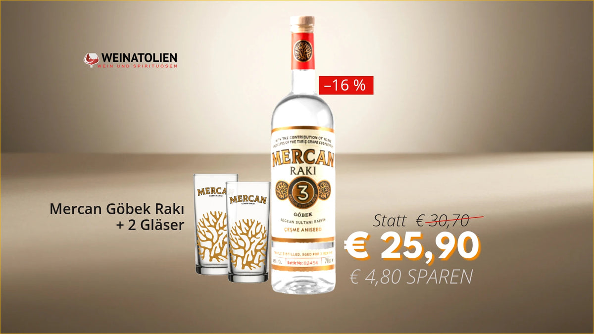 Mercan Göbek Rakı 70 cl mit 2 Gläsern – 16 % günstiger