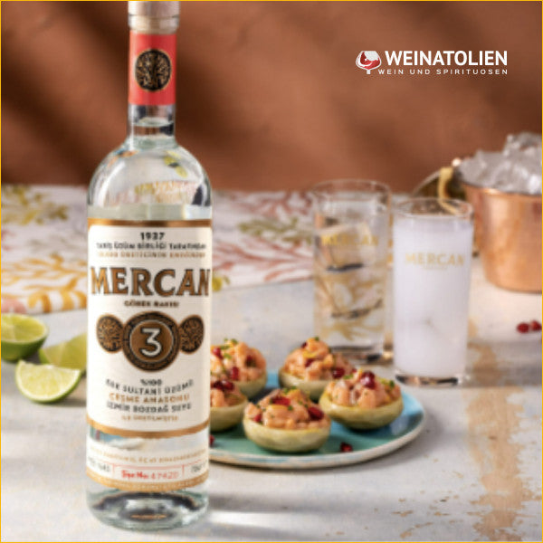 Mercan Göbek Rakı mit Meze und Rakı-Gläsern