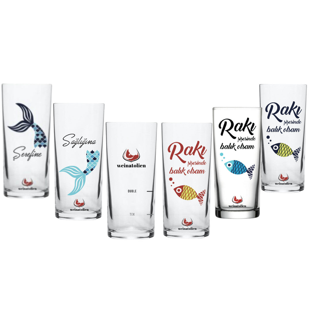 Raki Gläser Set mit verschiedenen Fischmotiven und Designs für das perfekte Raki Erlebnis