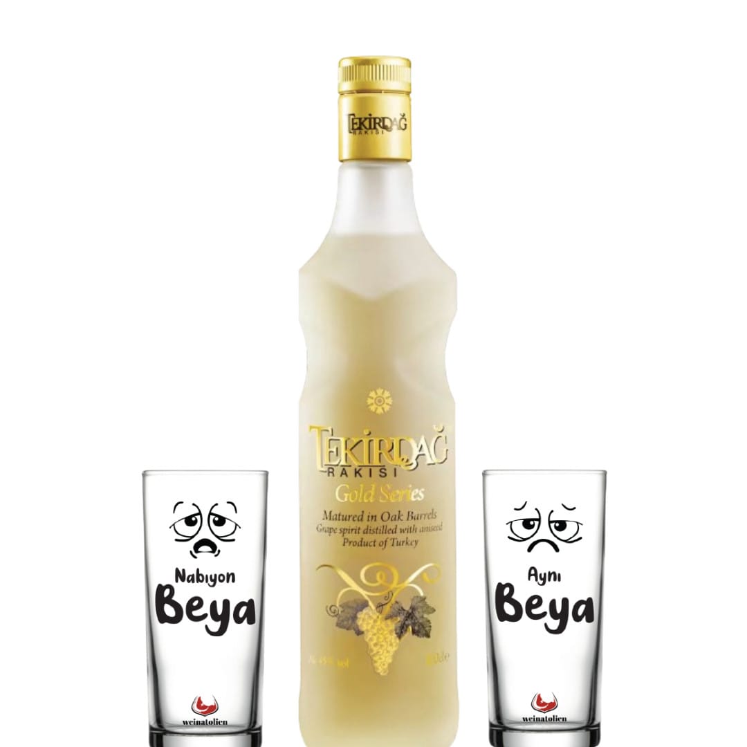 Tekirdağ Rakısı Gold Series 70 cl mit zwei Weinatolien Rakıgläsern