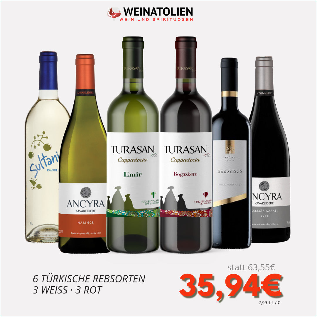 Türkische Rebsorten Probierpaket mit 6 Weinen – Emir, Narince, Sultaniye, Öküzgözü, Boğazkere und Kalecik Karası