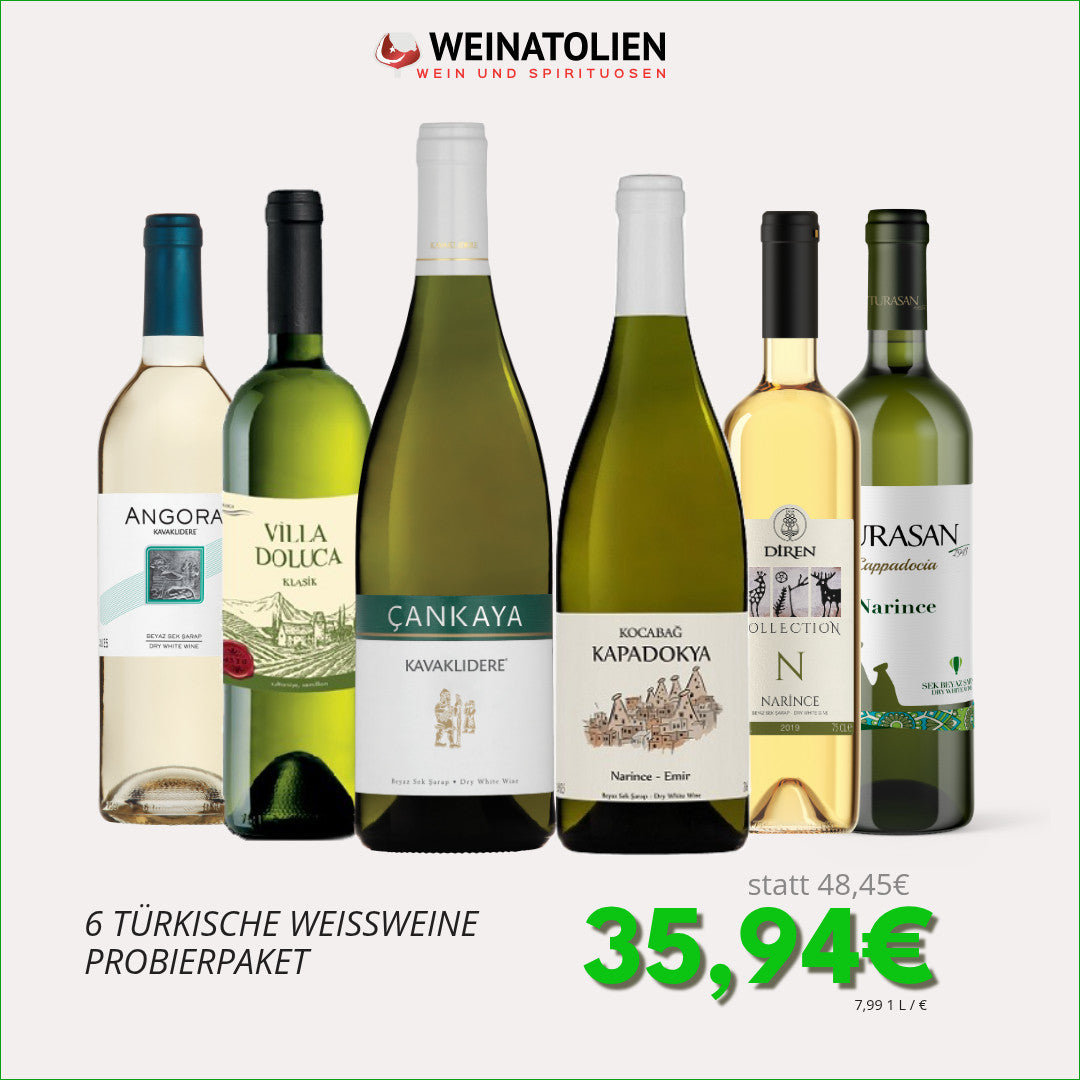 Weißwein Probierpaket mit 6 türkischen Weißweinen von Kavaklıdere, Doluca, Kocabağ, Diren und Turasan