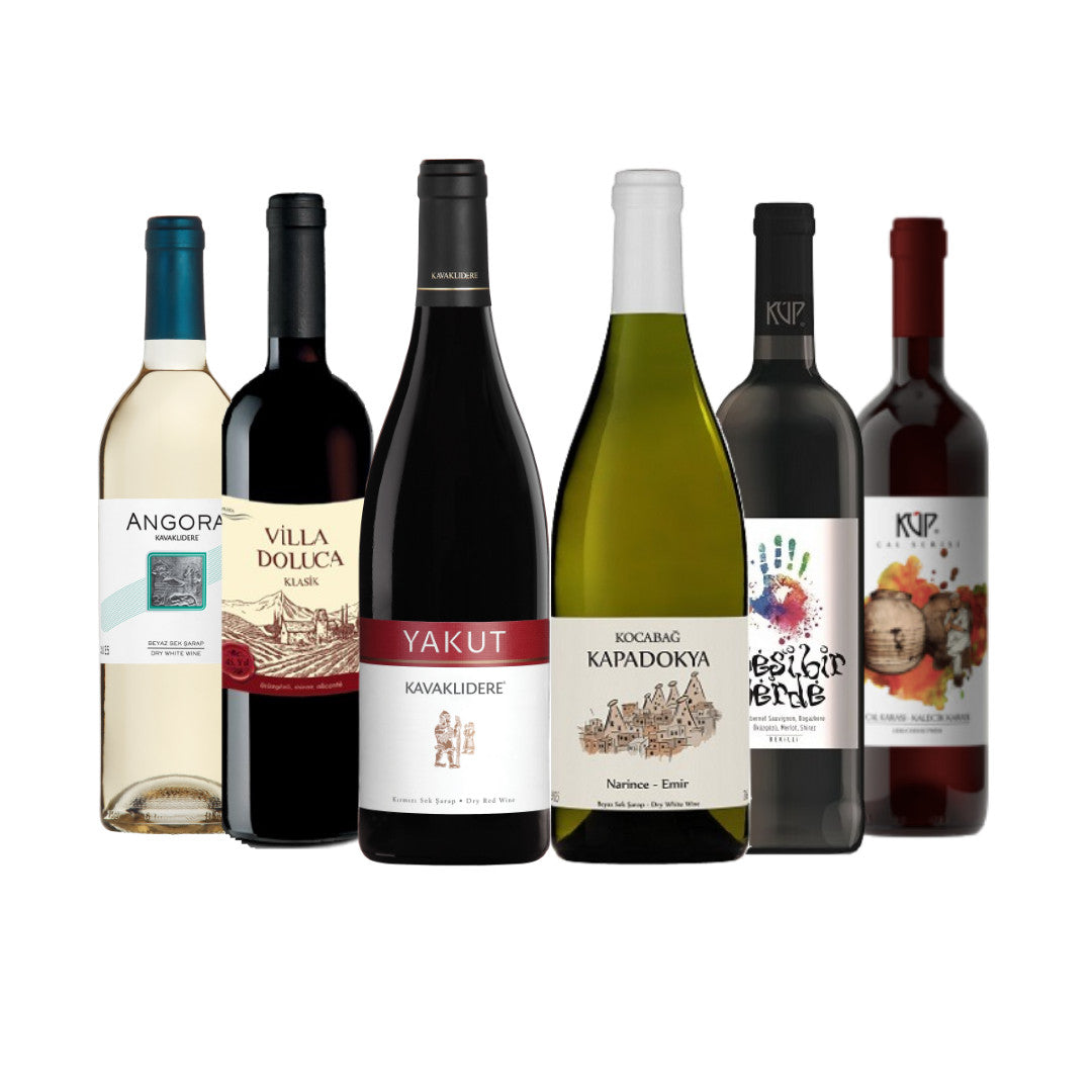 Türkisches Weinpaket mit 6 Flaschen (0,75l) bekannter Marken wie Yakut, Angora und Ancyra zum Bestpreis.