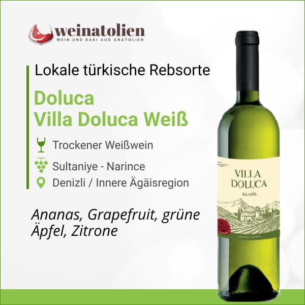 Villa Doluca Weiß mit Sultaniye und Sémillon Trauben, fruchtige Aromen von Zitrone und grünem Apfel