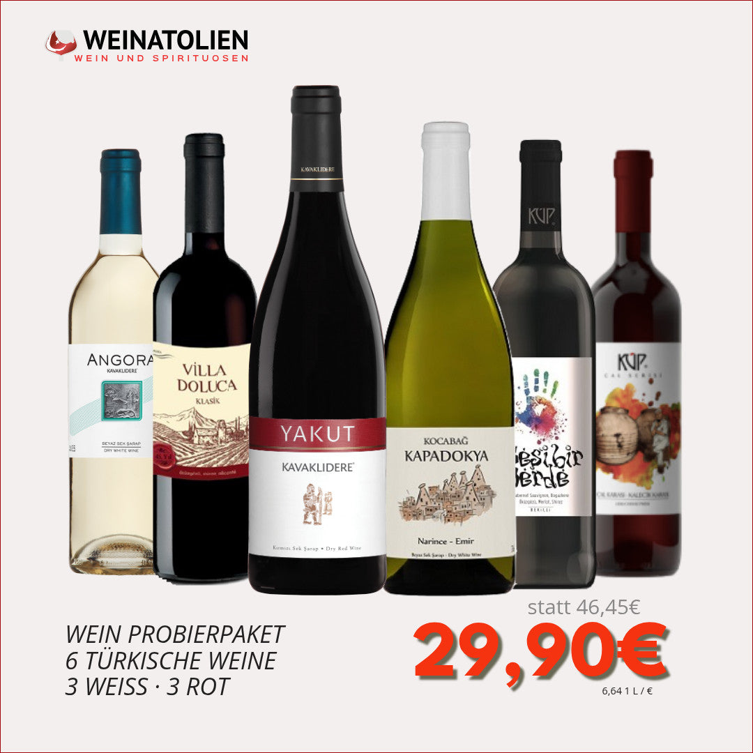 Wein Probierpaket mit 6 türkischen Weinen – 3 Weißweine und 3 Rotweine