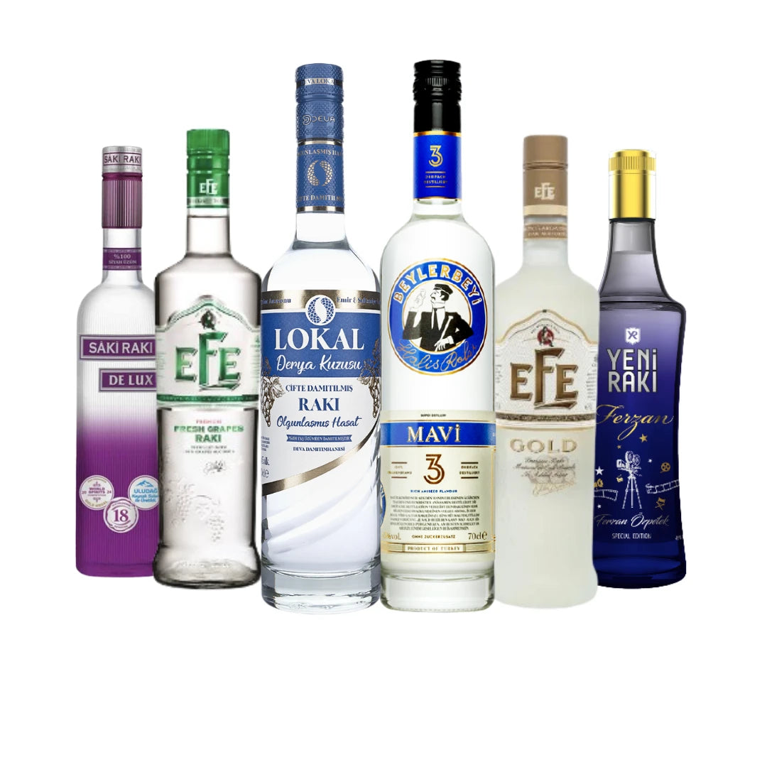 Weinatolien Rakı Probierpaket mit sechs ausgewählten türkischen Rakıs: Beylerbeyi Mavi, Efe Gold, Efe Yaş Üzüm, Saki Delüks, Ferzan und Lokal Derya Kuzusu.