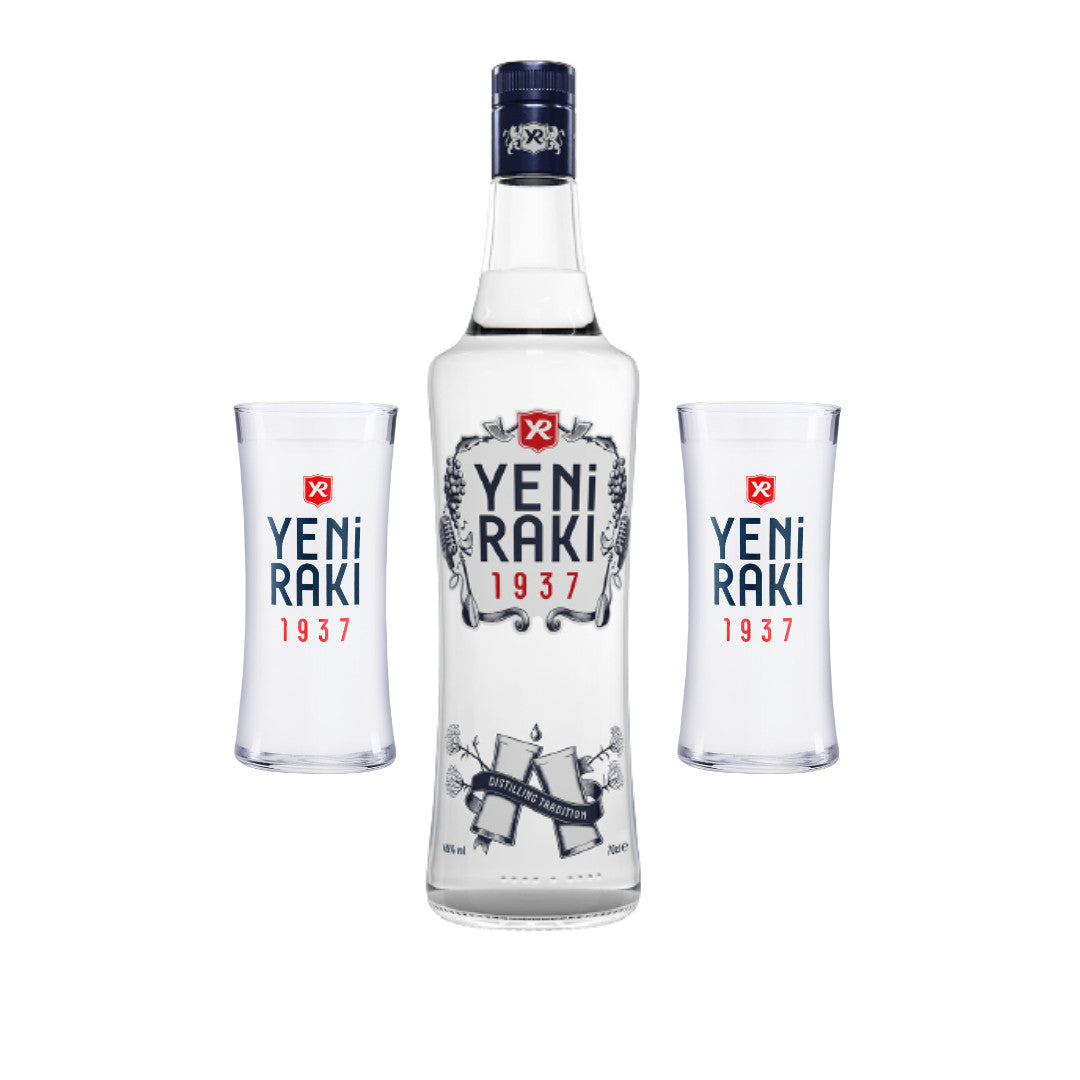 Yeni Rakı 1937 Set – Eine Flasche des originalen türkischen Rakıs (0,7l) zusammen mit zwei passenden Yeni Rakı Gläsern zum Set-Preis.