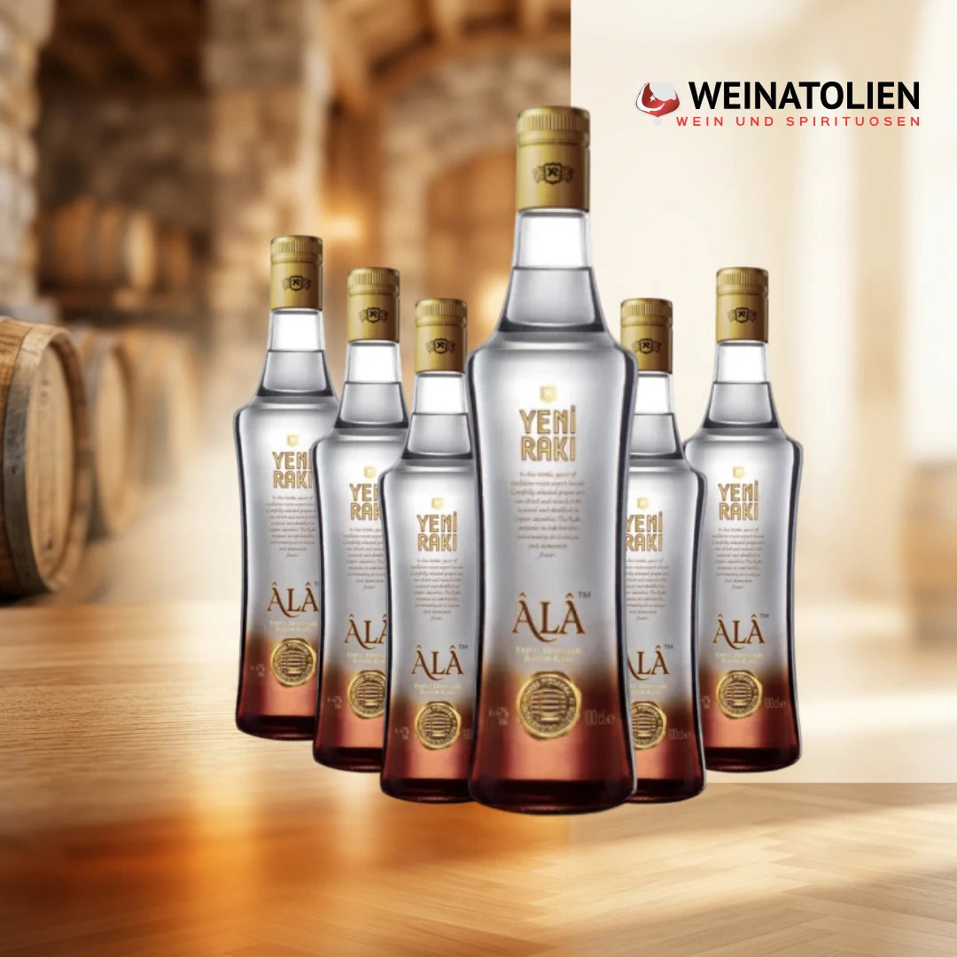 Yeni Rakı Âlâ 6er-Sparpaket mit sechs Flaschen vor Eichenfässern