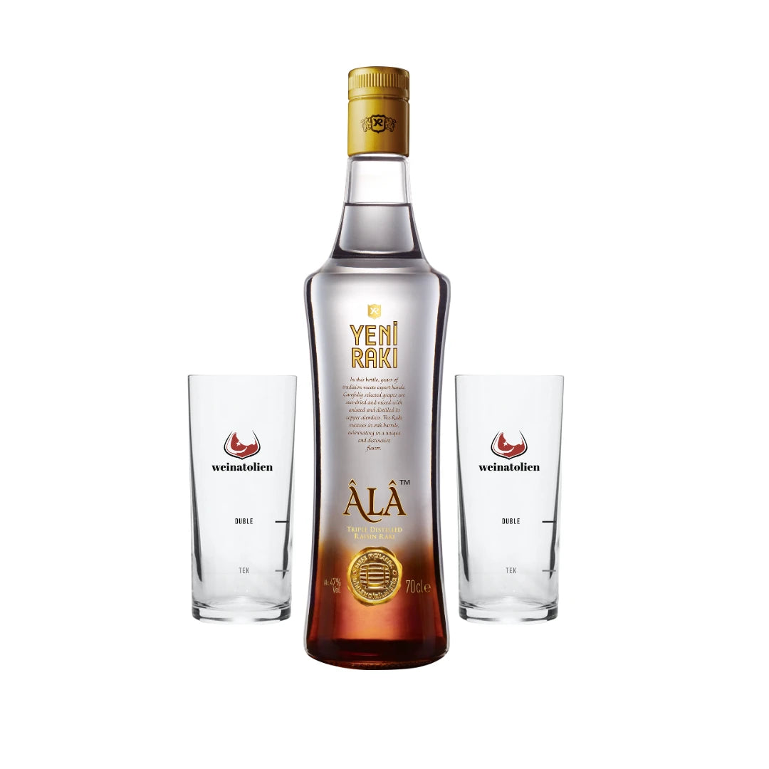 Yeni Rakı Âlâ 70 cl mit zwei Weinatolien Duble Rakıgläsern