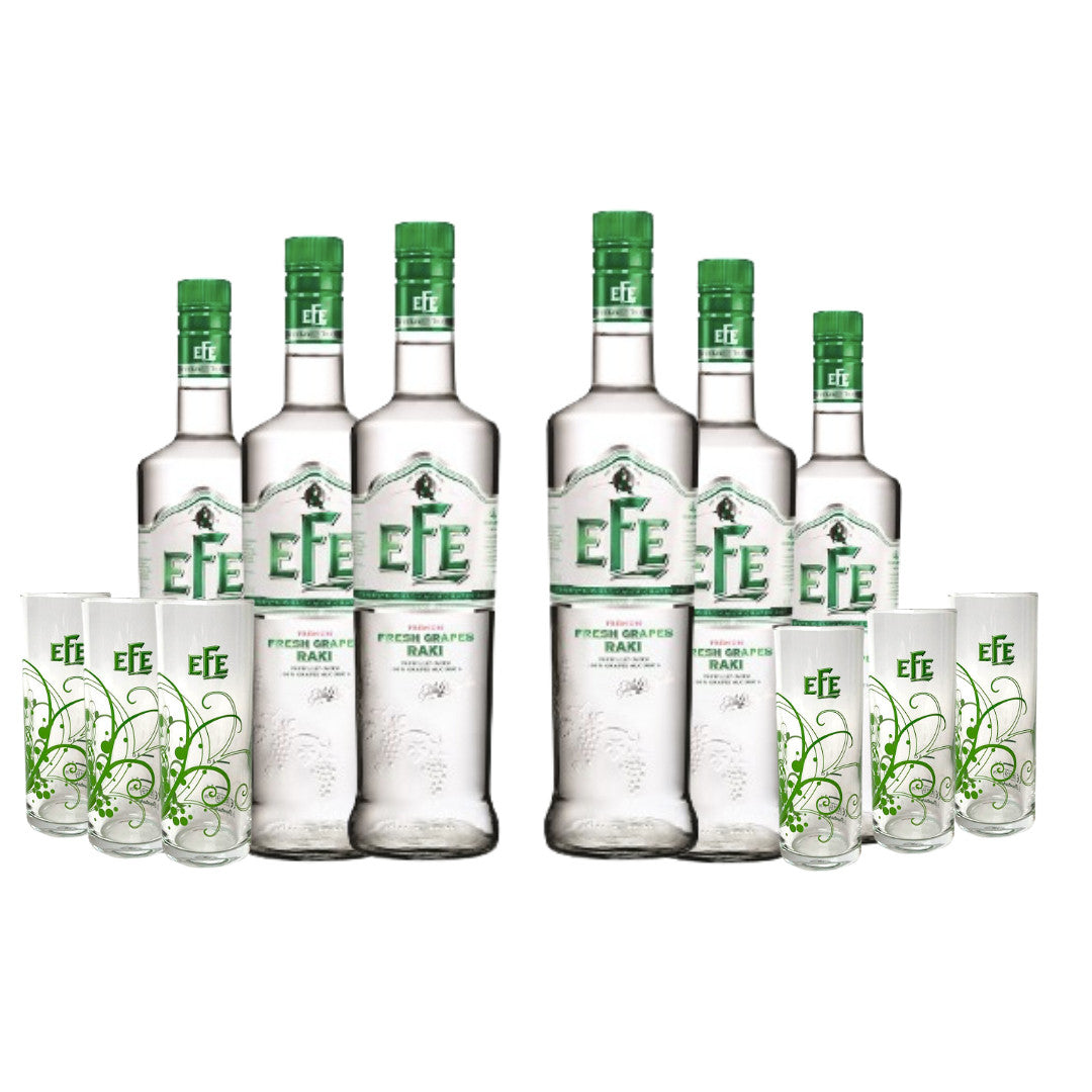 Yeşil Efe Rakı Geschenkset mit 6 Flaschen Rakı und 6 original Efe Rakı Gläsern
