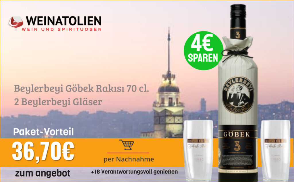 Beylerbeyi Göbek Rakısı 70 cl. 2 Beylerbeyi Gläser 